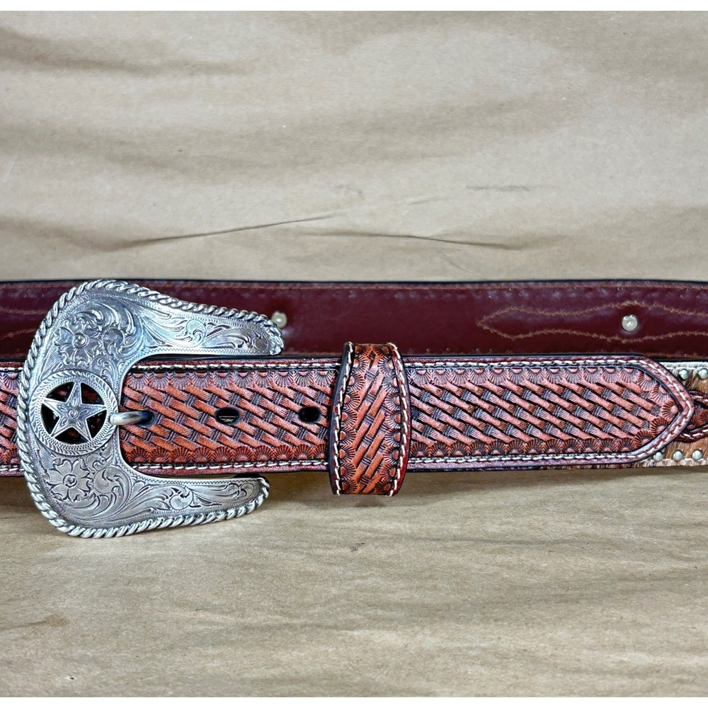 Nocona Belt Co Western Leather Belt Mens 44 Brown Hair Hide Studded Star‎ Buckle